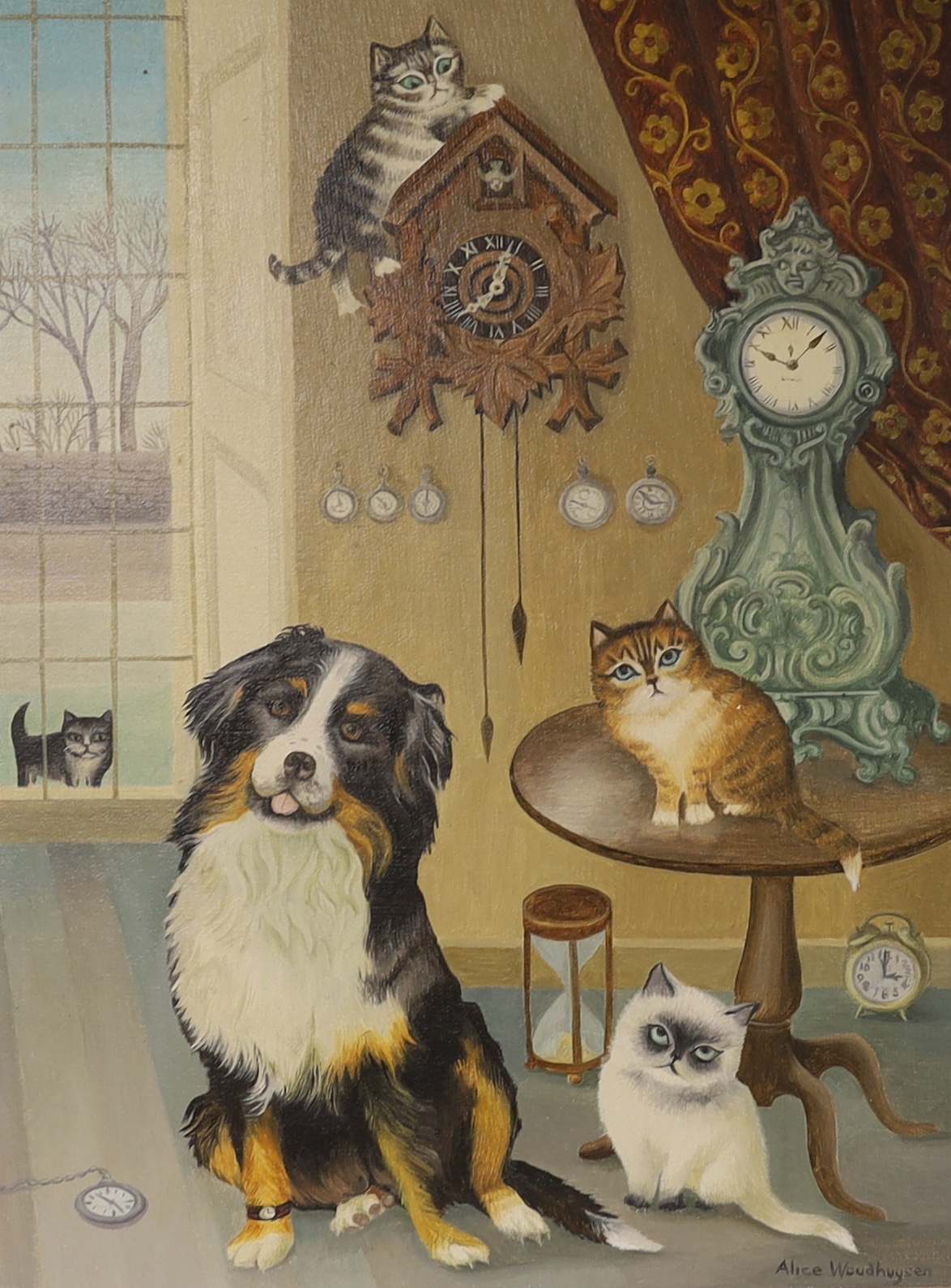 Alice Woudhuysen (Contemporary), oil on board, Interior scene with collie, cats and clocks, signed, 40 x 30cm